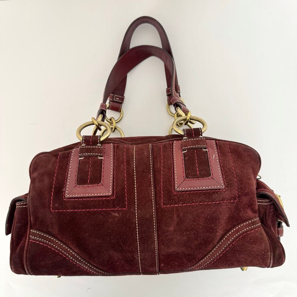 Coach Suede Vintage Mia Soho Satchel Bag with Leather Trim Red Burgundy F10061 - Picture 6 of 16